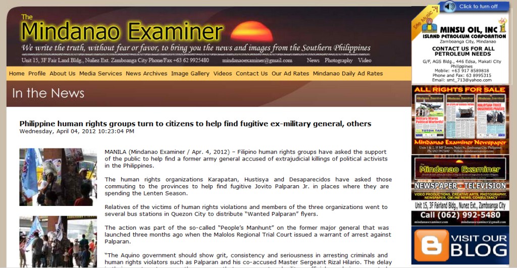 [In the news] Philippine human rights groups turn to citizens to help find fugitive ex-military general, others -mindanaoexaminer.com