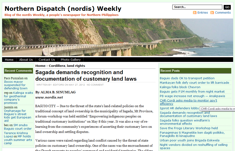 [In the news] Sagada demands recognition and documentation of customary land laws&nbsp;-www.nordis.net