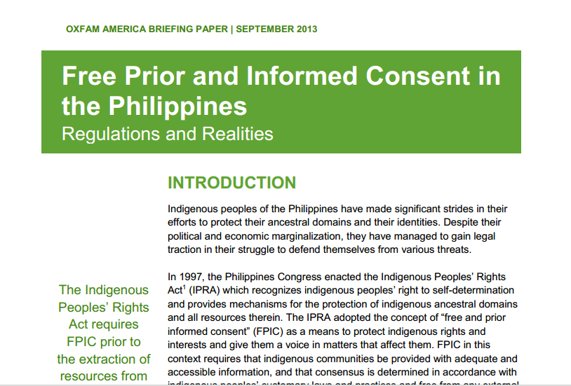 [Off-the-shelf] Free Prior and Informed Consent in the Philippines  Regulations and Realities By&nbsp;OXFAM
