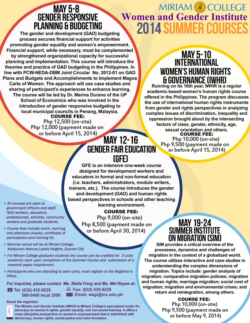 [Announcement] Miriam College-Women and Gender Institute (WAGI)! 2014 Summer&nbsp;Courses