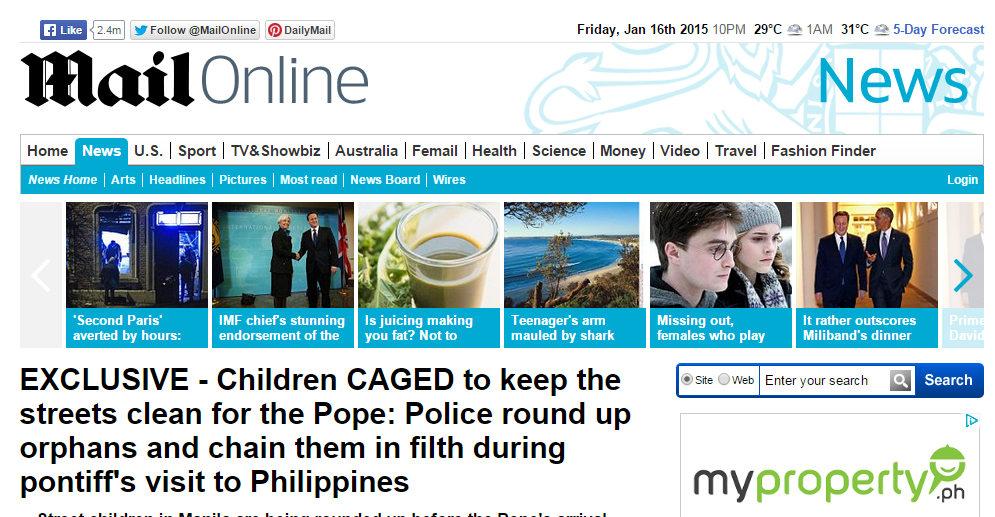 [From the web] Children CAGED to keep the streets clean for the Pope: Police round up orphans and chain them in filth during pontiff’s visit to Philippines&nbsp;-MAILONLINE