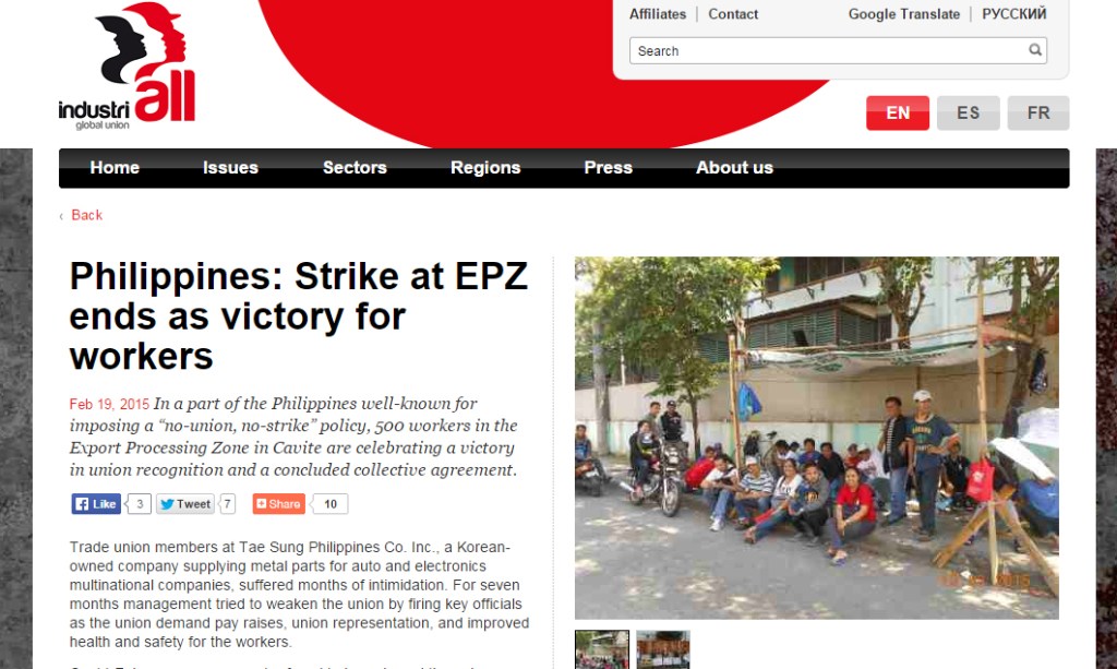 [From the web] Philippines: Strike at EPZ ends as victory for workers -www.industriall-union.org