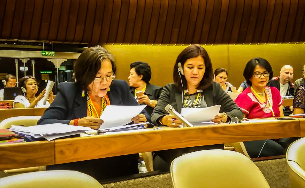 Kakay Tolentino (left) delivering the groups’ oral statement with Judy Pasimio (middle) during the CEDAW committee dialogue with the CSOs / Geneva.  Photo by: WLB