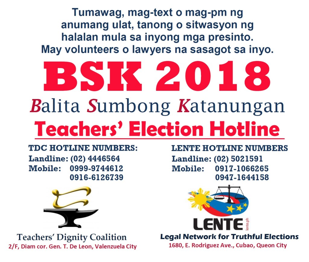 [Announcement] TDC-LENTE HOTLINE FOR BARANGAY&nbsp;ELECTIONS