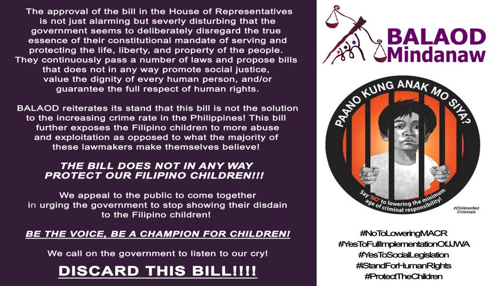 [Statement] DISCARD this bill on lowering the minimum age of criminal responsibility! -BALAOD&nbsp;MINDANAW