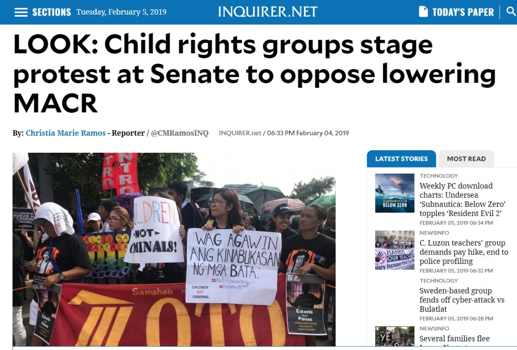 [In the news] LOOK: Child rights groups stage protest at Senate to oppose lowering MACR&nbsp;-INQUIRER.net