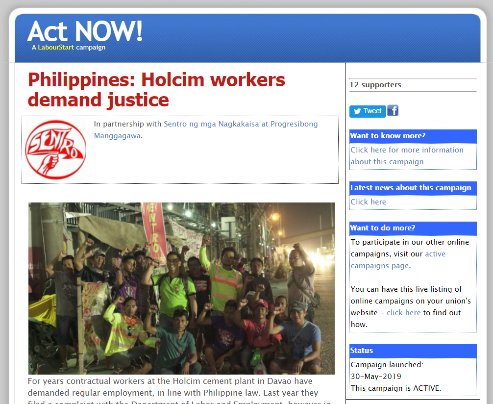 [Campaigns] Holcim workers demand justice&nbsp;-SENTRO