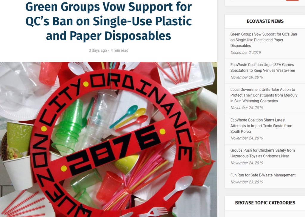 [From the web] Green Groups Vow Support for QC’s Ban on Single-Use Plastic and Paper Disposables -ecowastecoalition.org