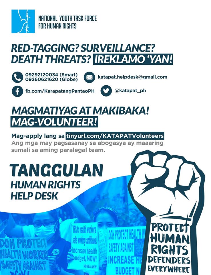 [Campaign] Nakakaranas ka ba ng red-tagging, surveillance, o death threats dahil sa mga adbokasiya&nbsp;mo?-KATAPAT