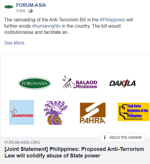 [Statement] Philippines: Proposed Anti-Terrorism Law will solidify abuse of State power&nbsp;-Forum-Asia