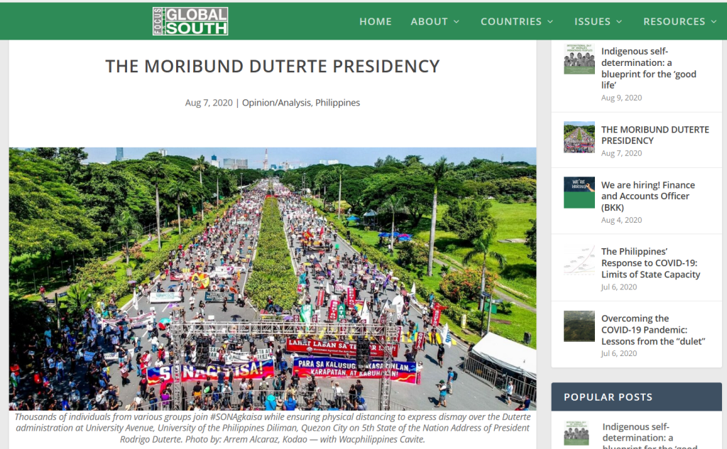 [From the web] The Moribund Duterte Presidency: Focus on the Global South’s Post-SONA 2020&nbsp;Assessment