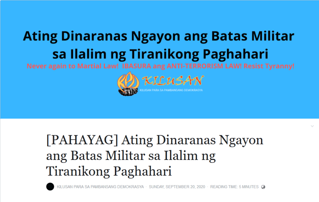 [Statement] Ating Dinaranas Ngayon ang Batas Militar sa Ilalim ng Tiranikong Paghahari&nbsp;-KILUSAN