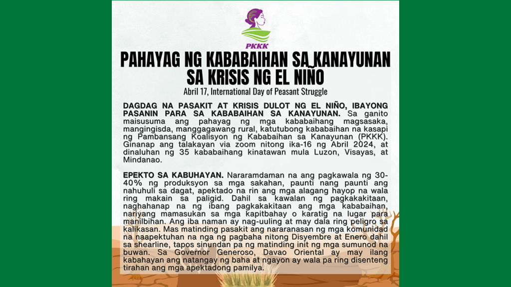 [Statement] PAHAYAG NG KABABAIHAN SA KANAYUNAN SA KANAYUNAN SA KRISIS NG EL NIÑO |&nbsp;PKKK
