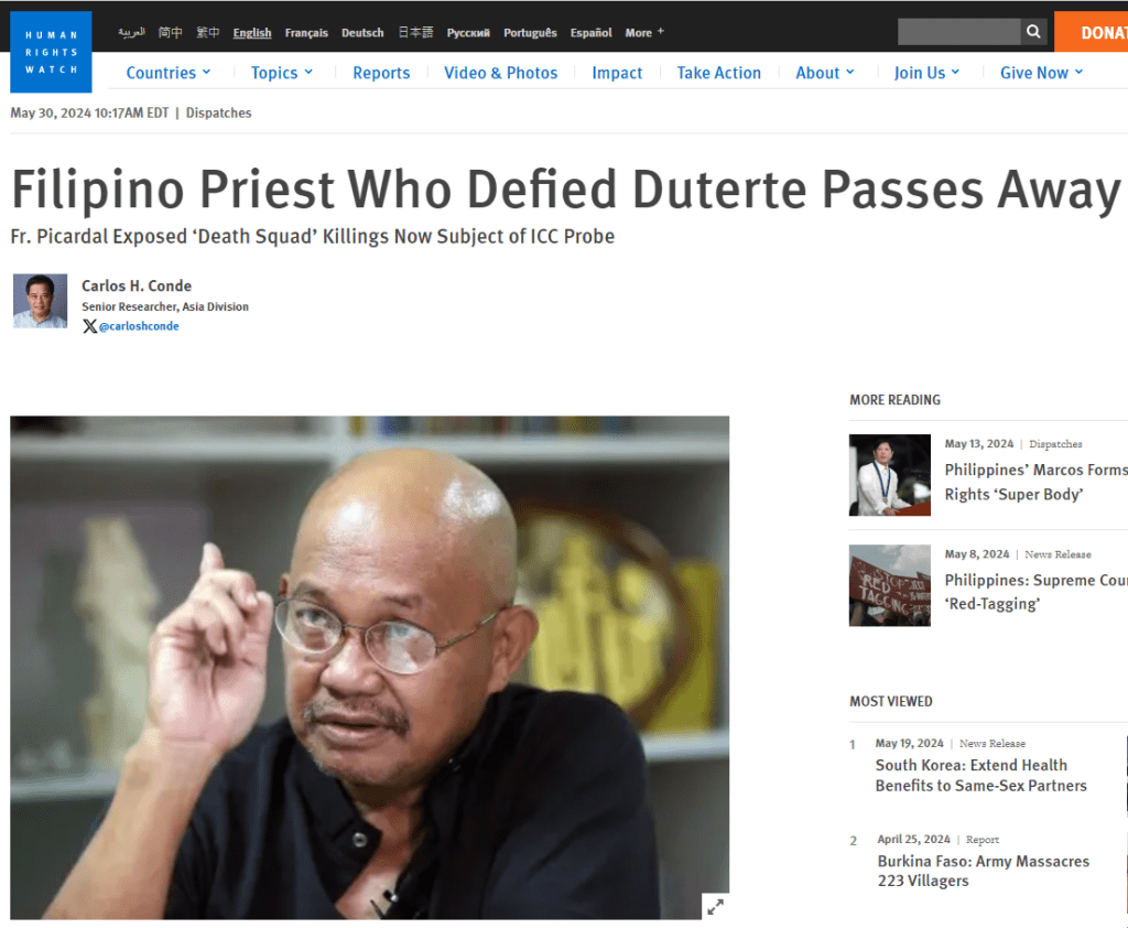 [From the web] Filipino Priest Who Defied Duterte Passes Away |&nbsp;HRW