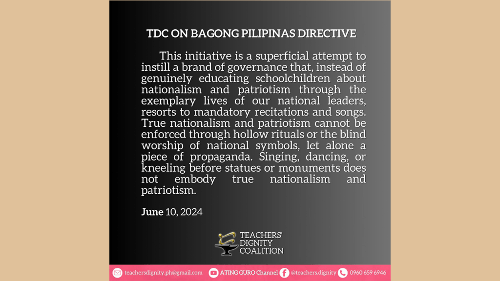 [Statement] Teachers oppose Bagong Pilipinas song and pledge directive |&nbsp;TDC