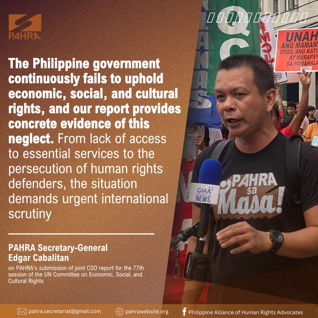 [Press release] PAHRA Submits Alternative Report to UN Committee on Economic, Social, and Cultural Rights, Highlights Worsening Human Rights Situation in the&nbsp;Philippines