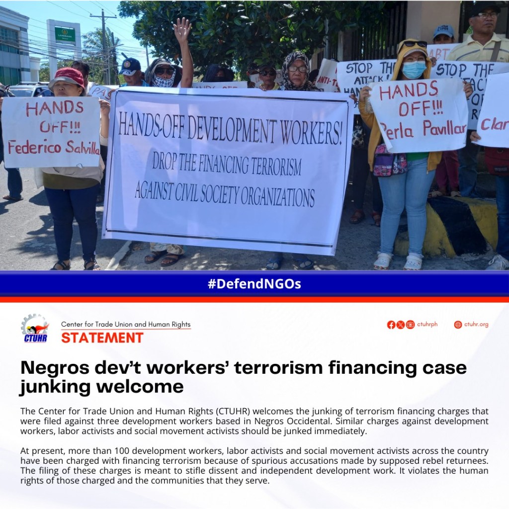 [Statement] Negros dev’t workers’ terrorism financing case junking welcome |&nbsp;CTUHR