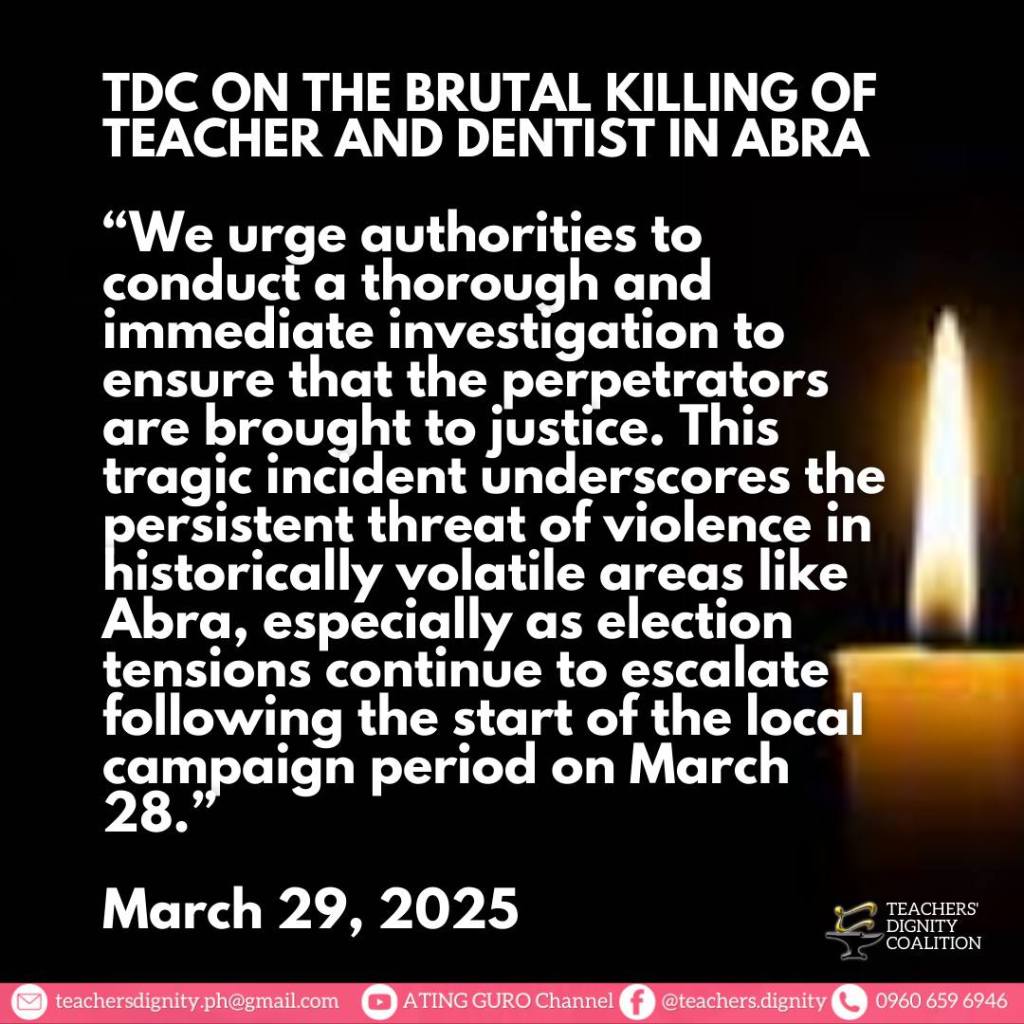 [Press Release] TDC Condemns the Brutal Killing of Teacher and Dentist in Abra, Calls for Justice and Heightened Security&nbsp;Measures