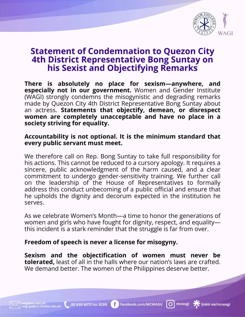 [Statement] Statement of Condemnation to Quezon City 4th District Representative Bong Suntay on his Sexist and Objectifying Remarks | Miriam College –&nbsp;WAGI