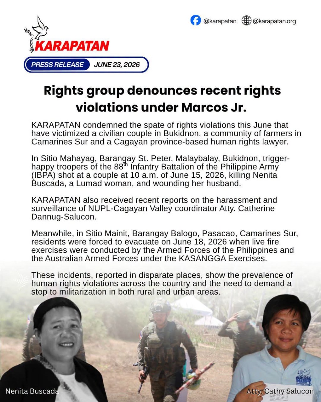 [Press Release] Rights group denounces recent rights violations under Marcos Jr. |&nbsp;Karapatan