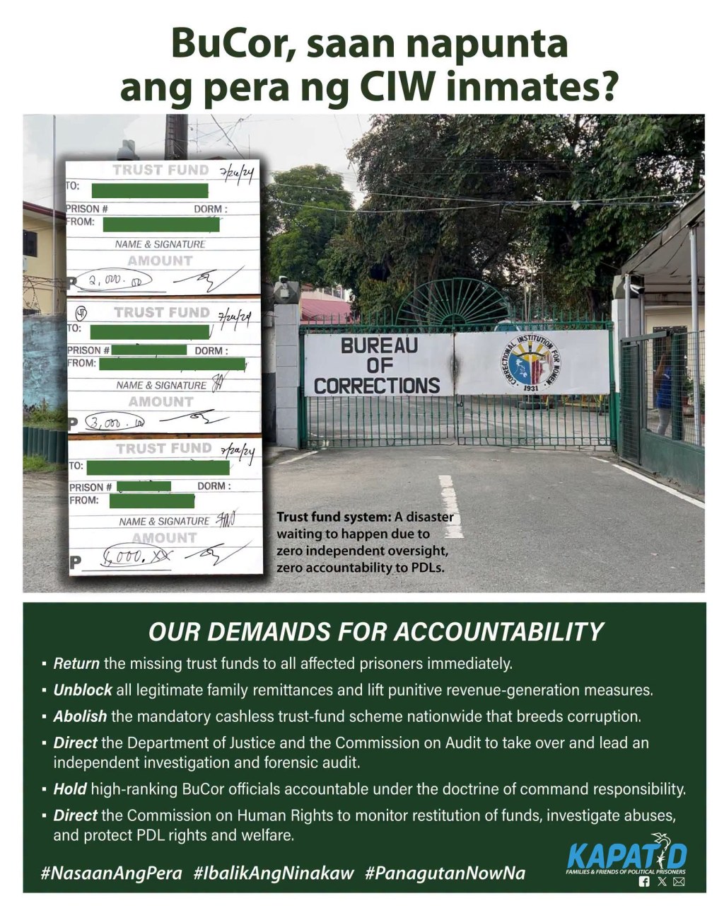 [Press Release] KAPATID to DOJ and COA: Take over CIW trust fund probe; restore missing funds to&nbsp;PDLs